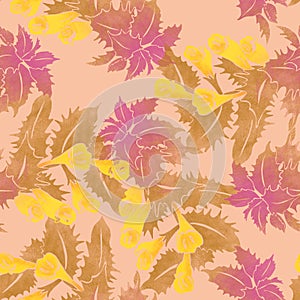 Seamless pattern with forest herb with purple leaves and yellow flowers