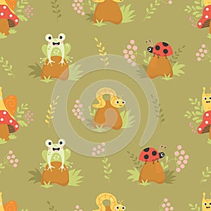 Seamless pattern with forest insects. Cute snail on fly agaric mushroom, lucky frog, worm and ladybug on stone in grass