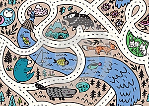 Seamless pattern of forest landscape map with roads, wild animals, river and mountain. Vector illustration.