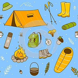 Seamless pattern with forest and mountain hiking items on blue - cartoon objects for Your design