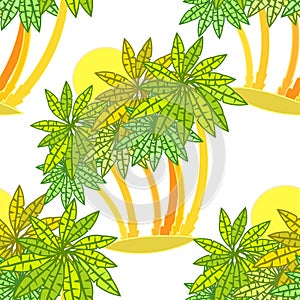 Seamless pattern forest of palm trees on an island in the sun.