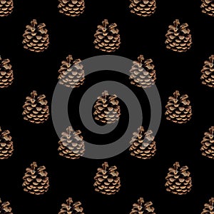 Seamless pattern of forest pine cones on black background
