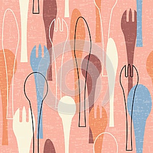 Seamless pattern of forks, spoons and knives. Retro mid century style design with tableware theme.