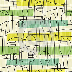 Seamless pattern of forks, spoons and knives. Retro mid century style design with tableware theme.