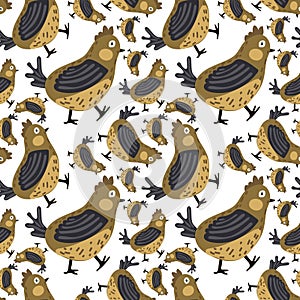 Seamless pattern in the form of cute yurkov birds. Funny hand-drawn animals. Creative children's background in