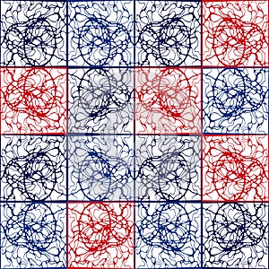 Seamless pattern in the form of plexuses, nets, lattices in red and blue colors. Drawing for fabric, wrapping paper