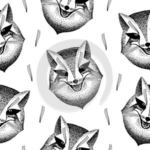 Seamless pattern with fox face. sly fox smiles. handmade illustration. Liar, dodger, mischievous, hoaxer. archetype in