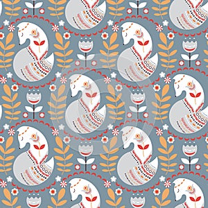 Seamless pattern with foxes and flowers on a grey background.