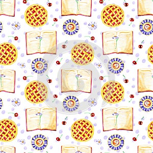 Seamless pattern with fragrant cherry pie and berries. Watercolor illustration.