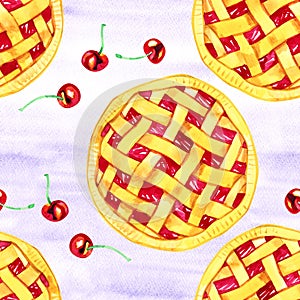 Seamless pattern with fragrant cherry pie and berries. Watercolor illustration.