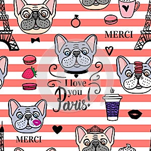 Seamless pattern French Bulldog. Striped background. Vector hand drawn. Eiffel tower illustration.