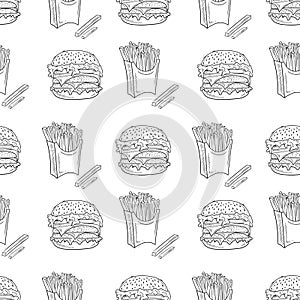 Seamless pattern with french fries and cheese burger in black isolated on white background. Hand drawn vector sketch illustration