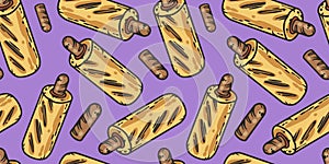 Seamless pattern with french hot dog for label or banner. Sausage in a bun with ketchup and mustard for fast food
