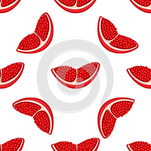 Seamless pattern with fresh bright exotic chunk pomegranate with leaves on white background. Summer fruits for healthy lifestyle.