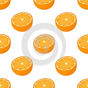 Seamless pattern with fresh bright exotic half cut tangerine or mandarin isolated on white background. Summer fruits for healthy