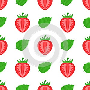 Seamless pattern with fresh bright exotic half strawberries and leaves on white background. Summer fruits for healthy lifestyle.