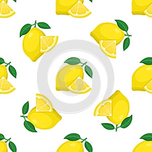 Seamless pattern with fresh bright exotic whole and cut slice lemon fruit on white background. Summer fruits for healthy lifestyle