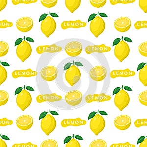 Seamless pattern with fresh bright exotic whole and half lemon fruit on white background. Summer fruits for healthy lifestyle.