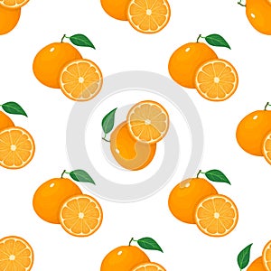 Seamless pattern with fresh bright exotic whole and half tangerine or mandarin isolated on white background. Summer fruits for