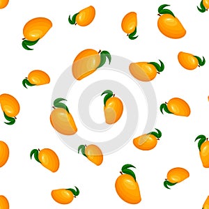 Seamless pattern with fresh bright exotic whole mango isolated on white background. Summer fruits for healthy lifestyle. Organic