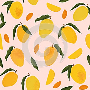 Seamless pattern with fresh bright exotic whole and sliced mango isolated on white background. Summer fruits for healthy lifestyle
