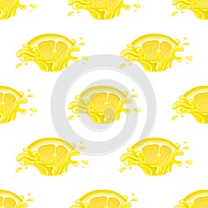 Seamless pattern with fresh bright lemon juice splash burst isolated on white background. Summer fruit juice. Cartoon style.