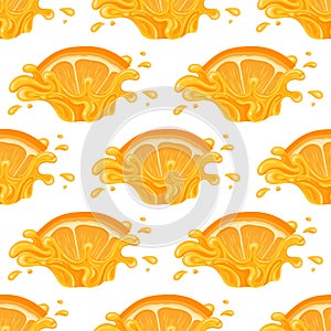 Seamless pattern with fresh bright orange, mandarin or tagerine juice splash burst isolated on white background. Summer fruit