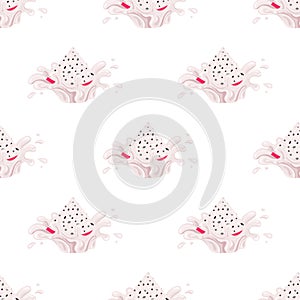 Seamless pattern with fresh bright red pitaya juice splash burst isolated on white background. Summer fruit juice. Cartoon style.