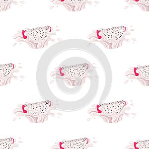 Seamless pattern with fresh bright red pitaya juice splash burst isolated on white background. Summer fruit juice. Cartoon style.