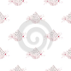 Seamless pattern with fresh bright red pitaya juice splash burst isolated on white background. Summer fruit juice. Cartoon style.