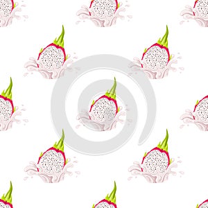 Seamless pattern with fresh bright red pitaya juice splash burst isolated on white background. Summer fruit juice. Cartoon style.