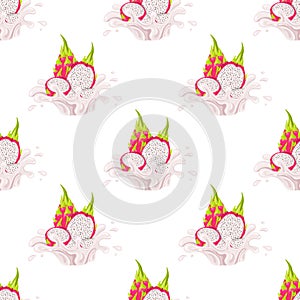 Seamless pattern with fresh bright red whole pitaya juice splash burst isolated on white background. Summer fruit juice. Cartoon