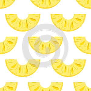 Seamless pattern with fresh cut slice pineapple fruit on white background. Summer fruits for healthy lifestyle. Organic fruit.