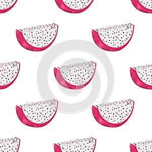 Seamless pattern with fresh cut slice red pitaya fruits isolated on white background. Summer fruits for healthy lifestyle. Organic