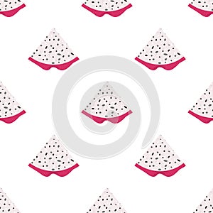 Seamless pattern with fresh cut slice red pitaya fruits isolated on white background. Summer fruits for healthy lifestyle. Organic