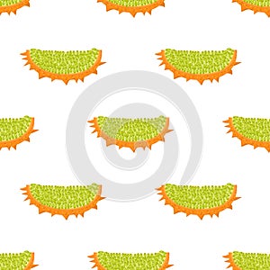 Seamless pattern with fresh cut slice yellow kiwano fruit isolated on white background. Summer fruits for healthy