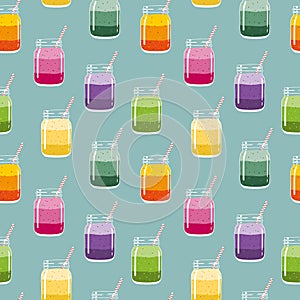 Seamless pattern with fresh fruit and berry layered smoothies in mason jars with straw. Vector hand drawn illustration.