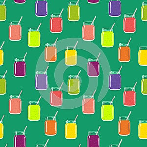 Seamless pattern with fresh fruit and berry smoothies in mason jars with straw. Vector hand drawn illustration.