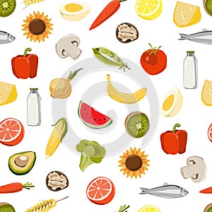 Seamless pattern with fresh fruits, vegetables, market food.