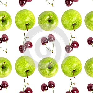 Seamless pattern fresh green apples, red cherry berries in line isolated, white background, apple and cherries berry wallpaper