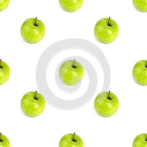 Seamless pattern fresh green apples with shadow isolated top view, white background, granny smith apple repeating ornament