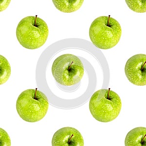 Seamless pattern of fresh green apples top view isolated, white background, granny smith apple repeating ornament, fruit wallpaper