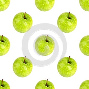 Seamless pattern fresh green apples on white background isolated side view, granny smith apple repeating ornament, tasty fruits