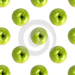 Seamless pattern fresh green apples on white background isolated top view, granny smith apple repeating ornament, tasty fruits