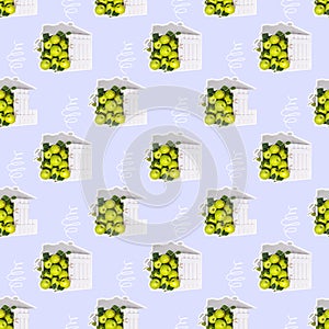 Seamless pattern of fresh green apples in a wooden box on a blue background