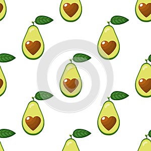 Seamless pattern with fresh half avocado with heart isolated on white background. Summer fruits for healthy lifestyle. Organic