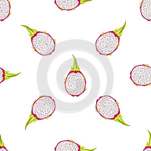 Seamless pattern with fresh half cut red pitaya fruits isolated on white background. Summer fruits for healthy lifestyle. Organic