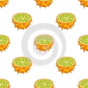 Seamless pattern with fresh half cut yellow kiwano fruit isolated on white background. Summer fruits for healthy