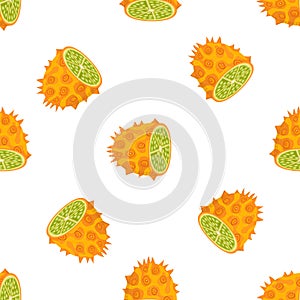 Seamless pattern with fresh half cut yellow kiwano fruit isolated on white background. Summer fruits for healthy