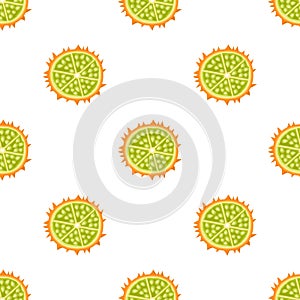 Seamless pattern with fresh half cut yellow kiwano fruit isolated on white background. Summer fruits for healthy